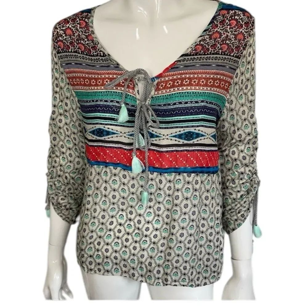OndadeMar Multi Geometric Long Sleeves Tassel V-Neck Pullover Tunic Top Size S